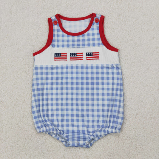 SR2572 Smock 4th of July Flag Blue Red Plaid Sleeveless Boy Boutique Romper  202503 RTS