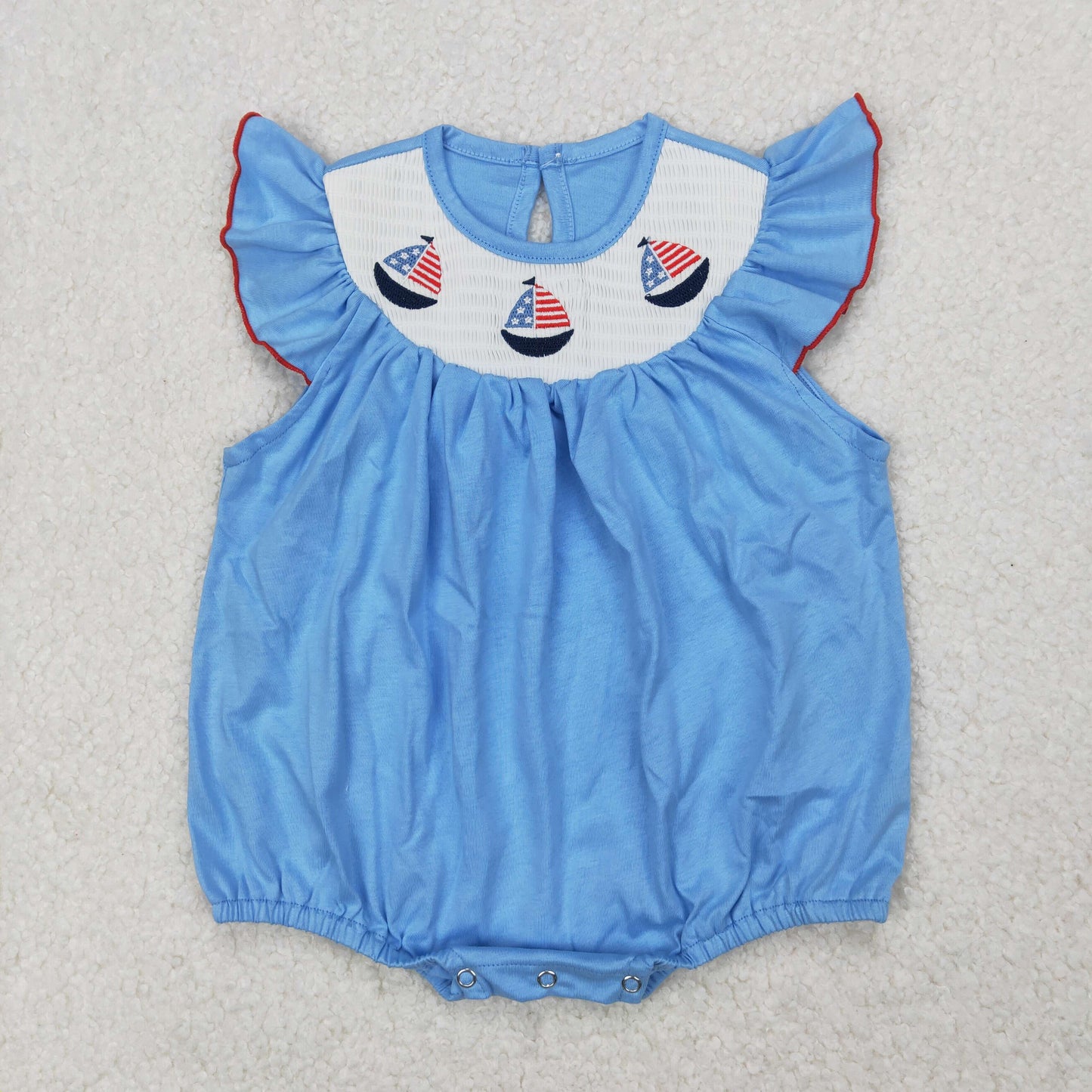 SR2573 Smock 4th of July Sailboat Flag Blue Red Fly Sleeve Girls Boutique Romper 202503 RTS