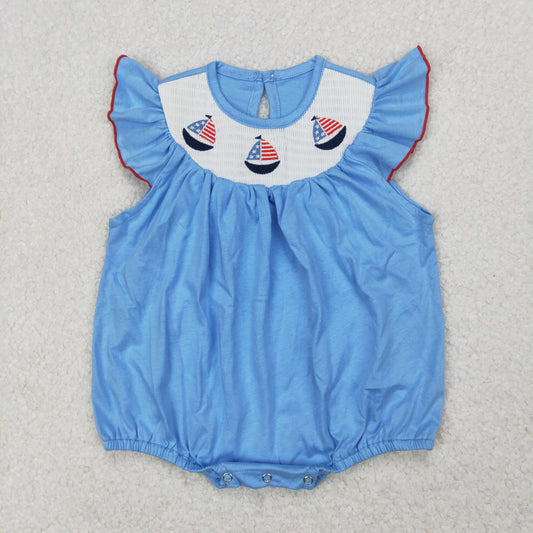 SR2573 Smock 4th of July Sailboat Flag Blue Red Fly Sleeve Girls Boutique Romper  202503 RTS