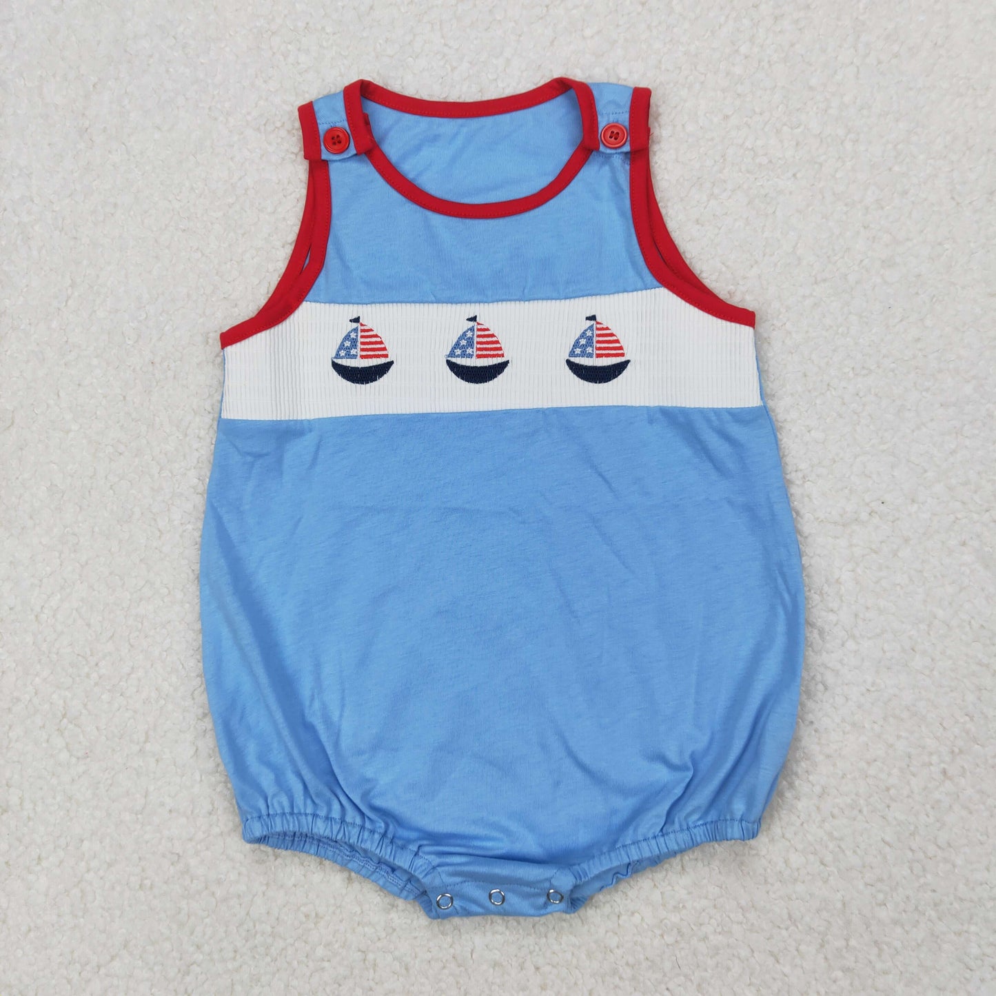 SR2574 Smock 4th of July Sailboat Flag Blue Red Sleeveless Boys Boutique Romper 202503 RTS