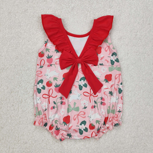 SR2582 Easter Outfits Red Flower Bunny Ruffle Sleeveless Romper Girls Boutique Outfits 202503 RTS
