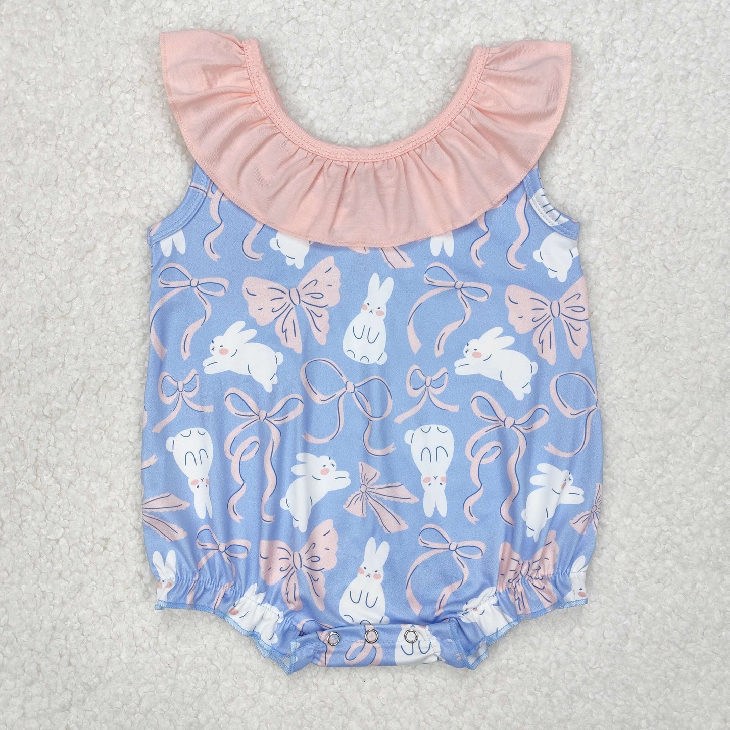 SR2583 Easter Outfits Pink Ruffle Blue Bunny Bow Sleeveless Romper Girls Boutique Outfits 202503 RTS