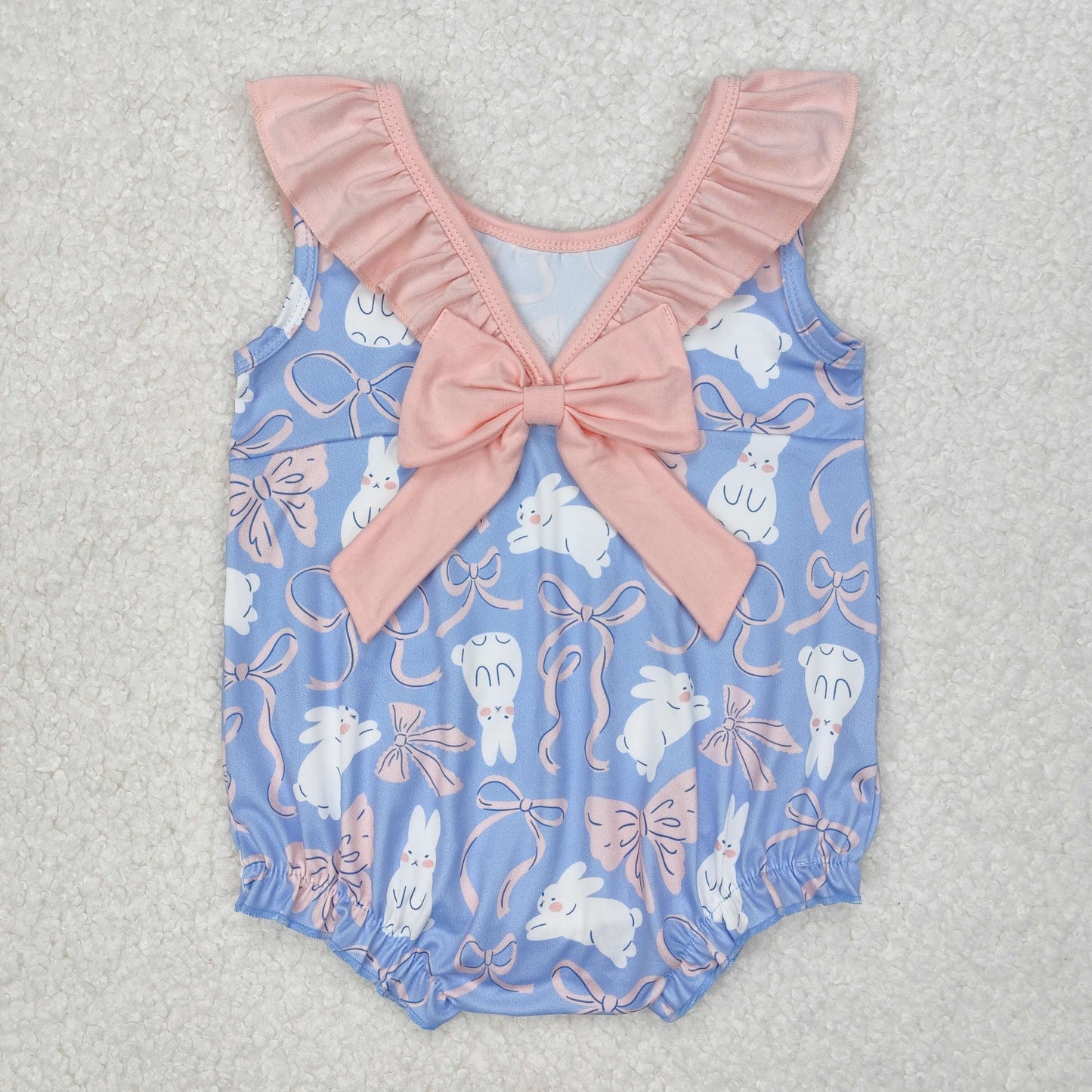 SR2583 Easter Outfits Pink Ruffle Blue Bunny Bow Sleeveless Romper Girls Boutique Outfits 202503 RTS
