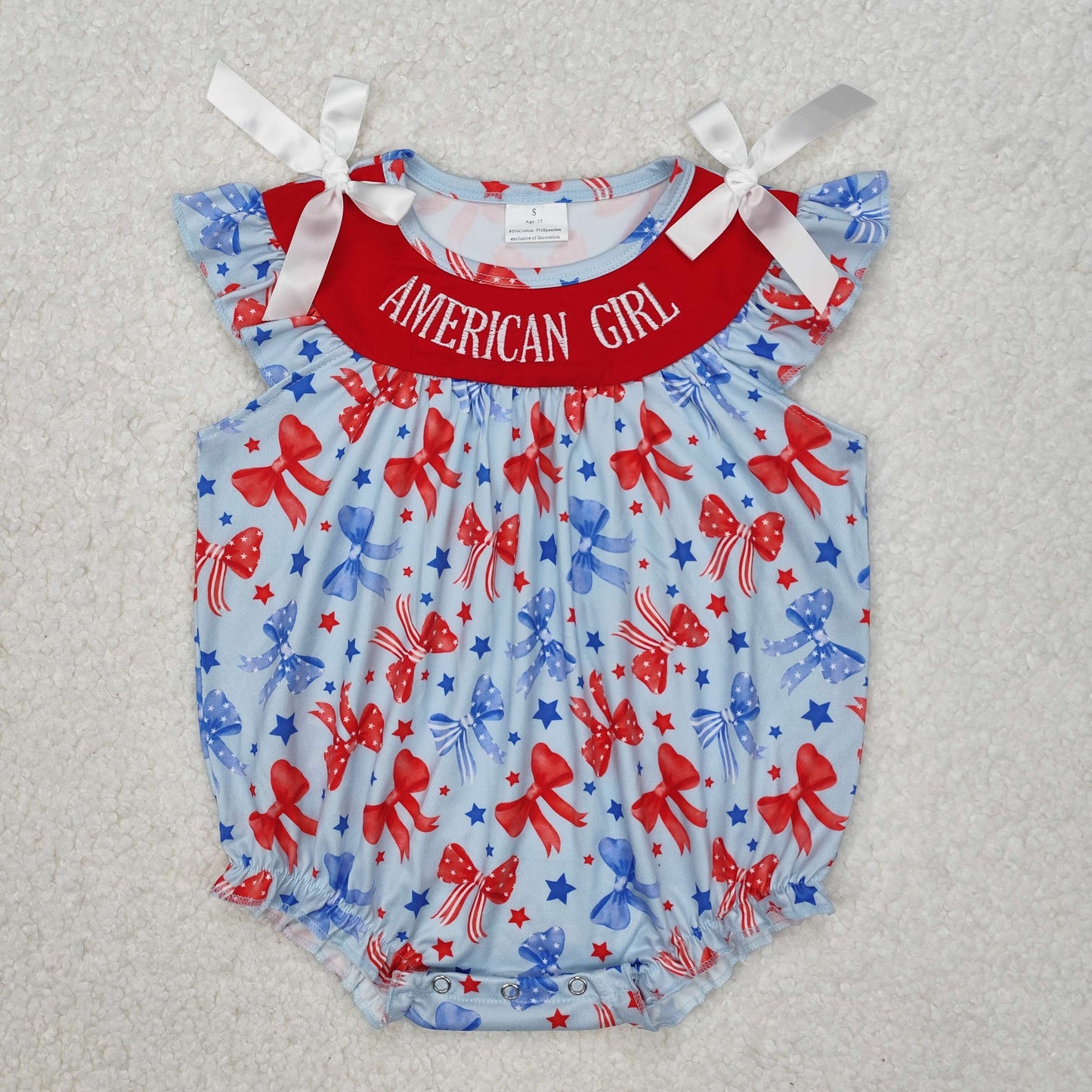 SR2589 4th of July Embroidered American Girl Blue Red Bows Star Sleeveless Romper Girls Boutique outfit 202503 RTS
