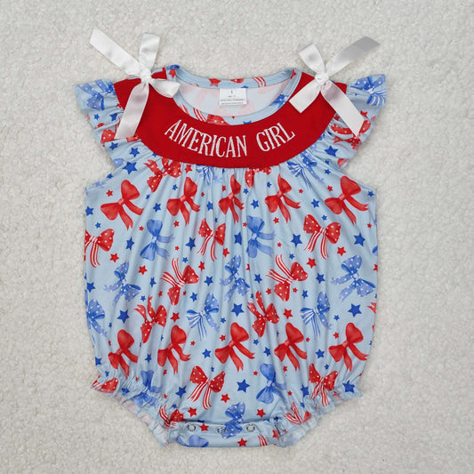 SR2589 4th of July Embroidered American Girl Blue Red Bows Star Sleeveless Romper Girls Boutique outfit 202503 RTS