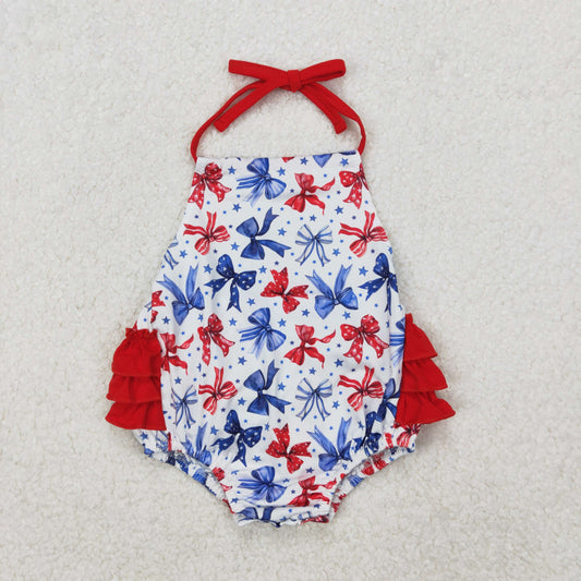SR2591 4th of July Red Blue Bows Ruffled Sleeveless Romper Girls Boutique Outfits 202503 RTS