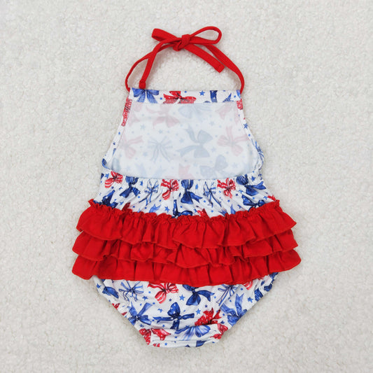 SR2591 4th of July Red Blue Bows Ruffled Sleeveless Romper Girls Boutique Outfits 202503 RTS