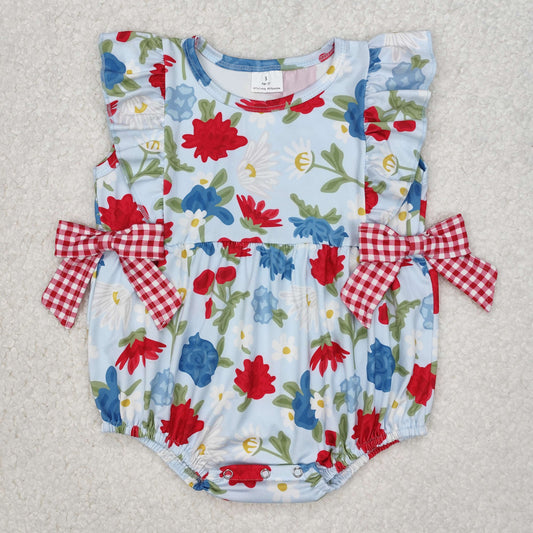 SR2593 Flower Leaf Red Blue Bow Sleeveless Romper Girls Boutique outfit 202503 RTS