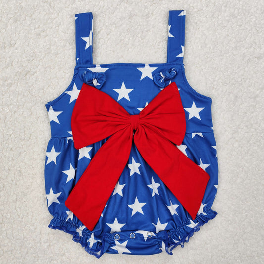 SR2607 4th of July Red Bow Navy Blue Star Sleeveless Romper Girls Boutique outfit 202503 RTS
