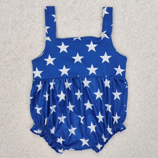 SR2607 4th of July Red Bow Navy Blue Star Sleeveless Romper Girls Boutique outfit 202503 RTS
