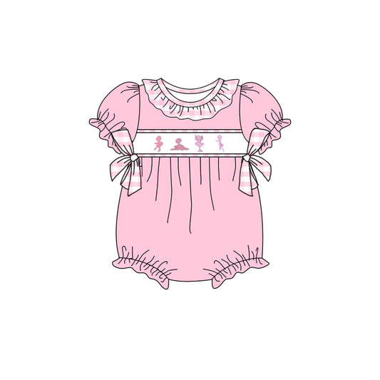 Preorder SR2608 Dancing Girl Pink Ruffle Bows Short Sleeve Romper Baby Girl Romper 20250104