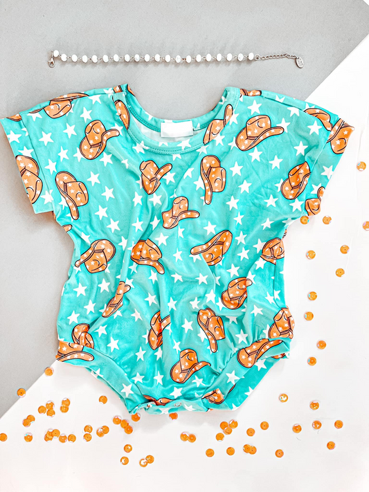 Preorder SR2609 Cowgirl Hat Star Blue Green Short Sleeve Romper Baby Girl Romper 20250104