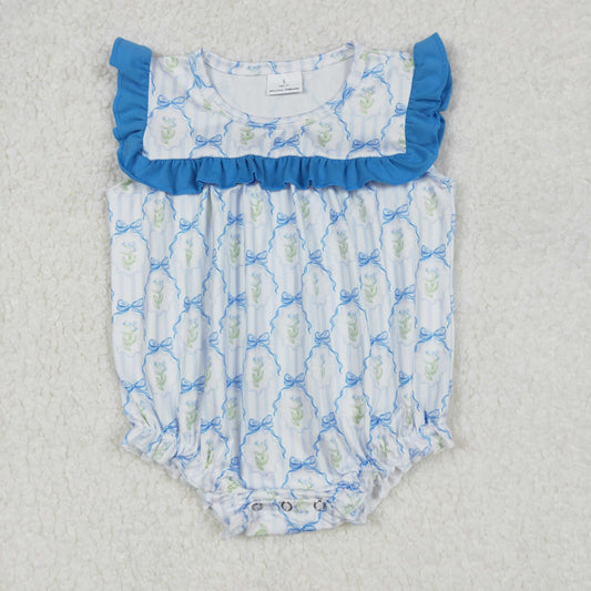 SR2648 Blue Ruffle Bows Flower sleeveless romper Girls Boutique outfit 202502 RTS