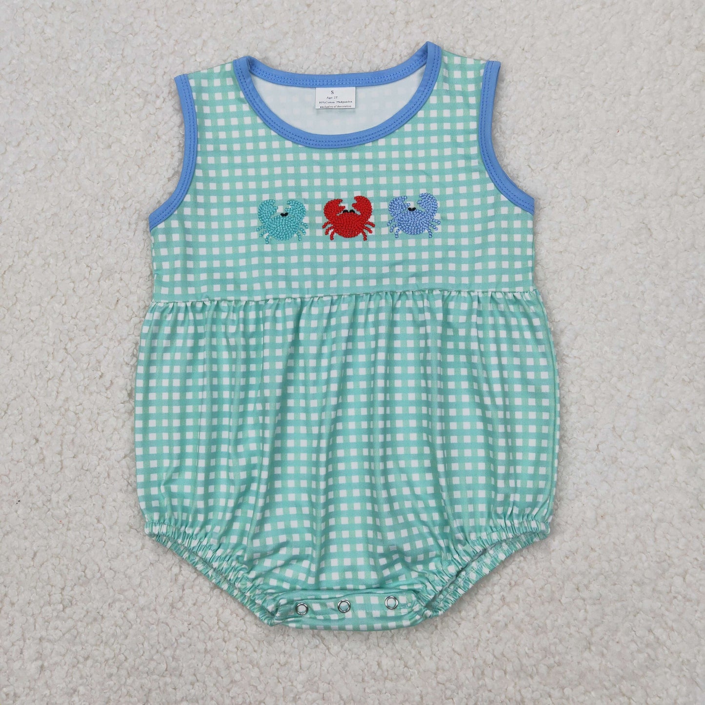 SR2660 crab sibling outfits embroidered green plaid sleeveless romper baby boys boutique clothes 202503 RTS
