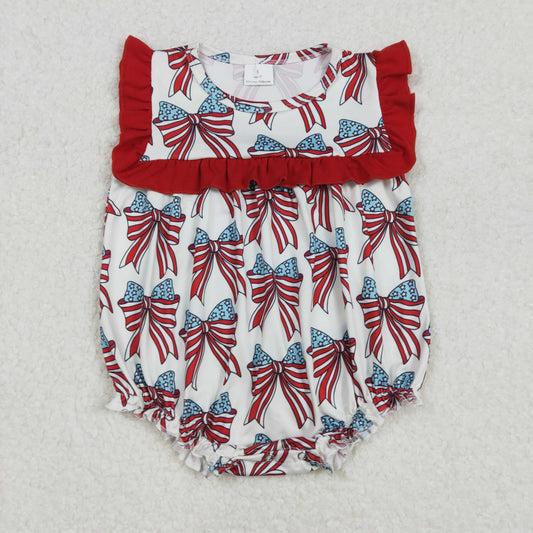 SR2664 4th of July Red Blue Bows Ruffled Sleeveless romper Girls Boutique outfit 202502 RTS
