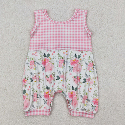 SR2678 Pink Plaid Flower Leaf Sleeveless Romper Baby Girls Boutique Outfits 202503 RTS