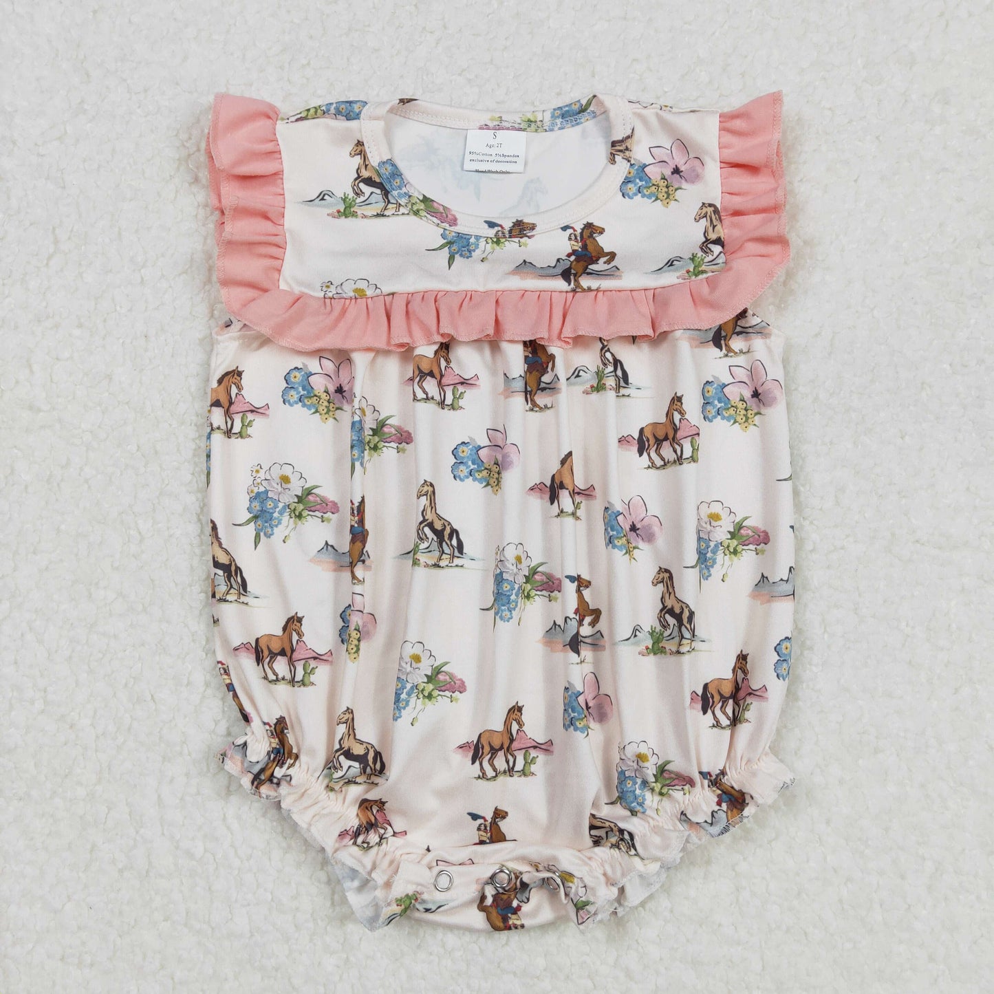 SR2690 Western Rodeo Cowgirl Pink Horse Flower Ruffle sleeveless romper Girls Boutique outfit 202502 RTS