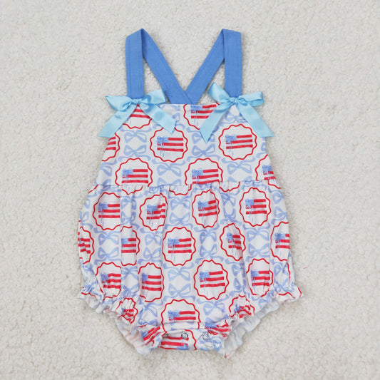 SR2691 4th of July Blue Bows Flag Sleeveless Romper Girls Boutique Outfits 202503 RTS