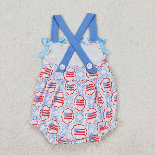SR2691 4th of July Blue Bows Flag Sleeveless Romper Girls Boutique Outfits 202503 RTS