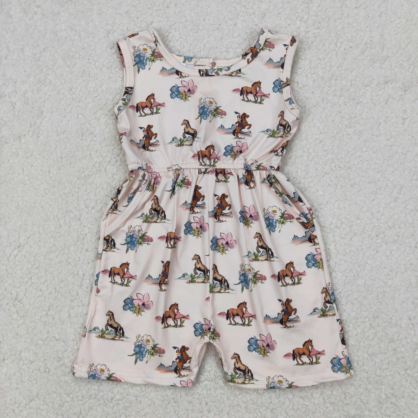 SR2695 Beige Pink Horse Flower Sleeveless Romper Overall Jumpsuit Girls Boutique Clothes 202503 RTS