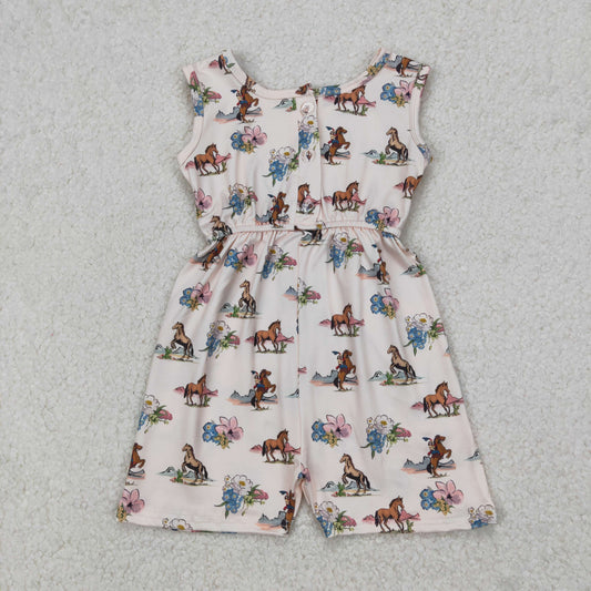 SR2695 Beige Pink Horse Flower Sleeveless Romper Overall Jumpsuit Girls Boutique Clothes  202503 RTS