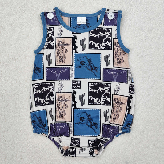 SR2700 Western Rodeo Fashion Blue Cactus Sleeveless Romper Boys Boutique Outfits 202503 RTS