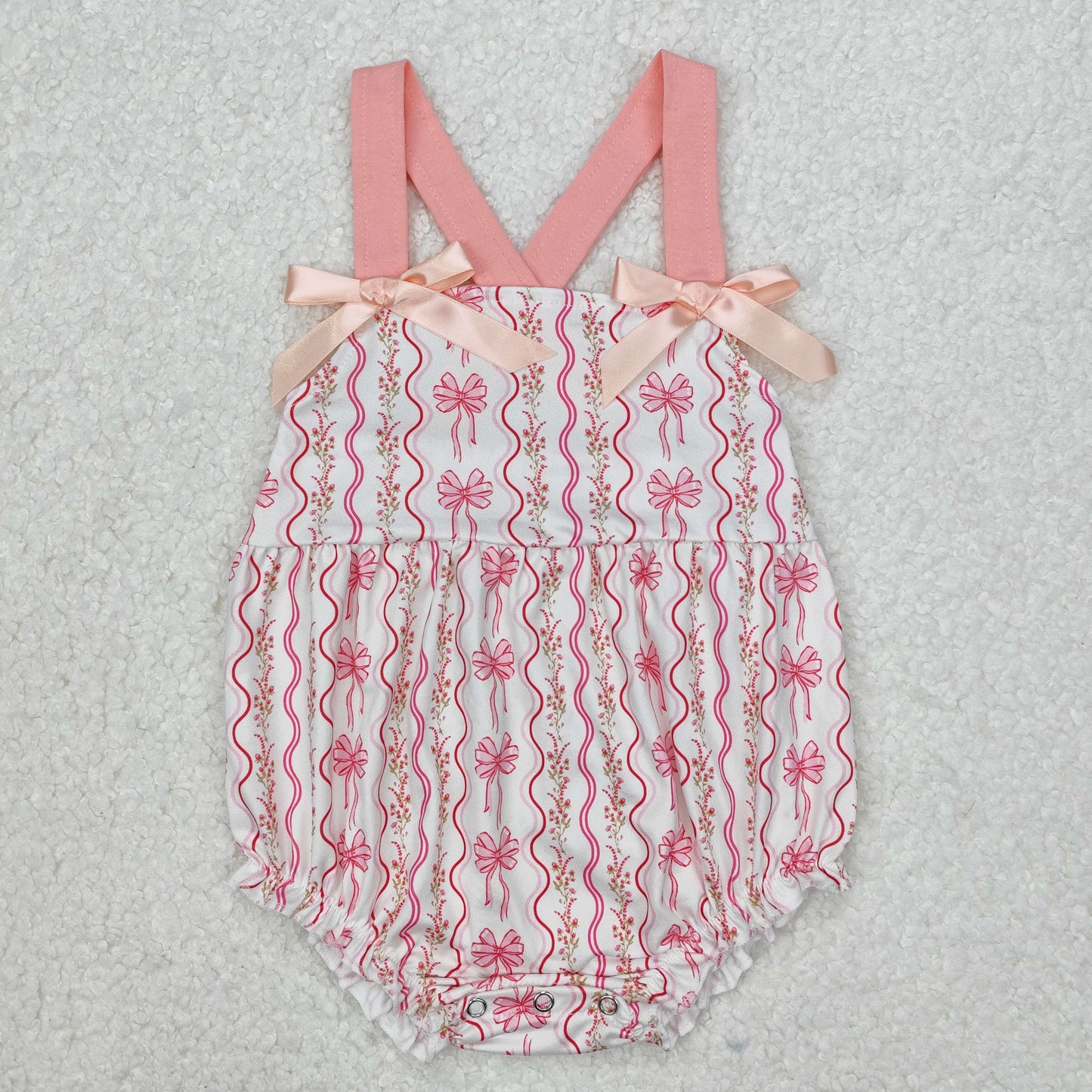 SR2704 Pink Bows Flower Striped Sleeveless Romper Girls Boutique Outfits 202503 RTS