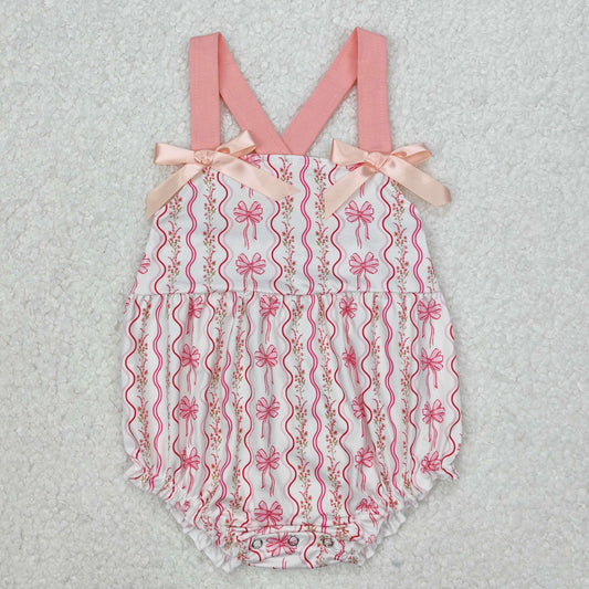 SR2704 Pink Bows Flower Striped Sleeveless Romper Girls Boutique Outfits 202503 RTS