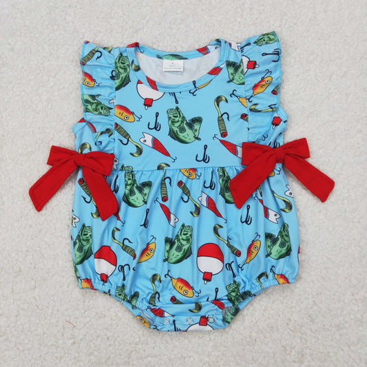 SR2708 Fishing Rod Blue Green Ruffled Red Bow Sleeveless Romper Girls Boutique Outfits 202503 RTS