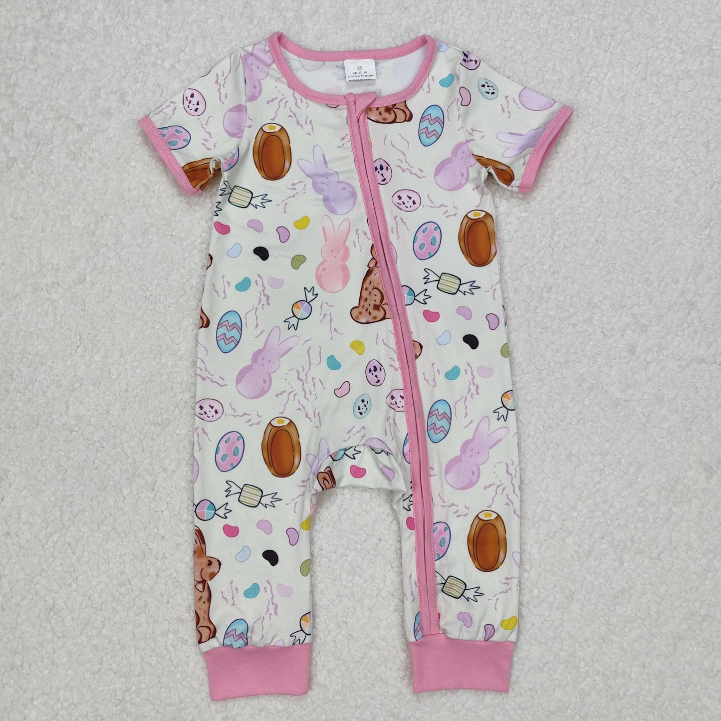 SR2712 Easter Baby Bunny Eggs Pink Zip Short Sleeve Romper Girls Boutique outfit 202503