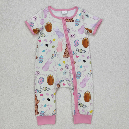 SR2712 Easter Baby Bunny Eggs Pink Zip  Short Sleeve Romper Girls Boutique outfit 202503