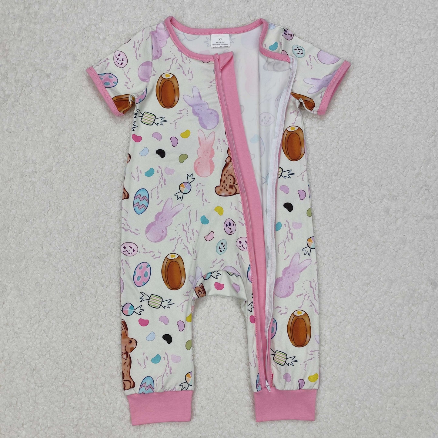 SR2712 Easter Baby Bunny Eggs Pink Zip Short Sleeve Romper Girls Boutique outfit 202503