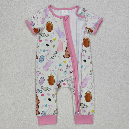 SR2712 Easter Baby Bunny Eggs Pink Zip  Short Sleeve Romper Girls Boutique outfit 202503