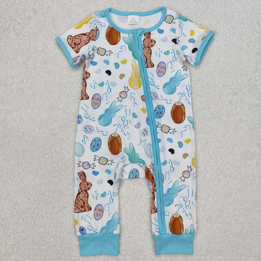 SR2713 Easter Baby Bunny Eggs Blue Zip  Short Sleeve Romper Boys Boutique outfit 202503
