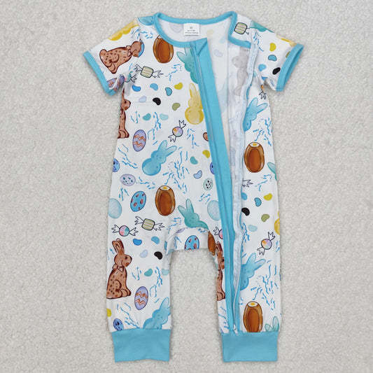 SR2713 Easter Baby Bunny Eggs Blue Zip  Short Sleeve Romper Boys Boutique outfit 202503