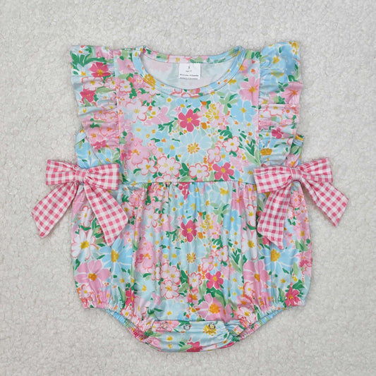 SR2719 Green Pink Flower Bow Sleeveless Romper Girls Boutique Outfits 202503 RTS