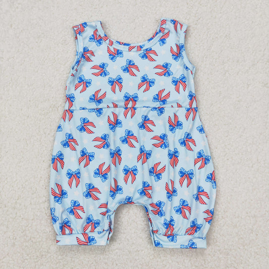 SR2729 4th of July Blue Bows Sleeveless Girls Romper 202503 RTS