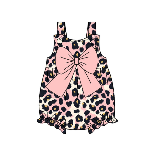 Preorder SR2757 Pink Bow Brown Leopard print sleeveless romper baby girls Boutique Summer clothes 202502 RTS