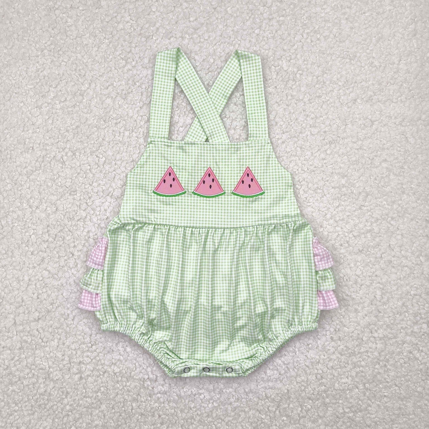 SR2764 Embroidered Green Pink Plaid Watermelon Sleeveless Romper Baby Girls Boutique Summer Clothes 202504 RTS