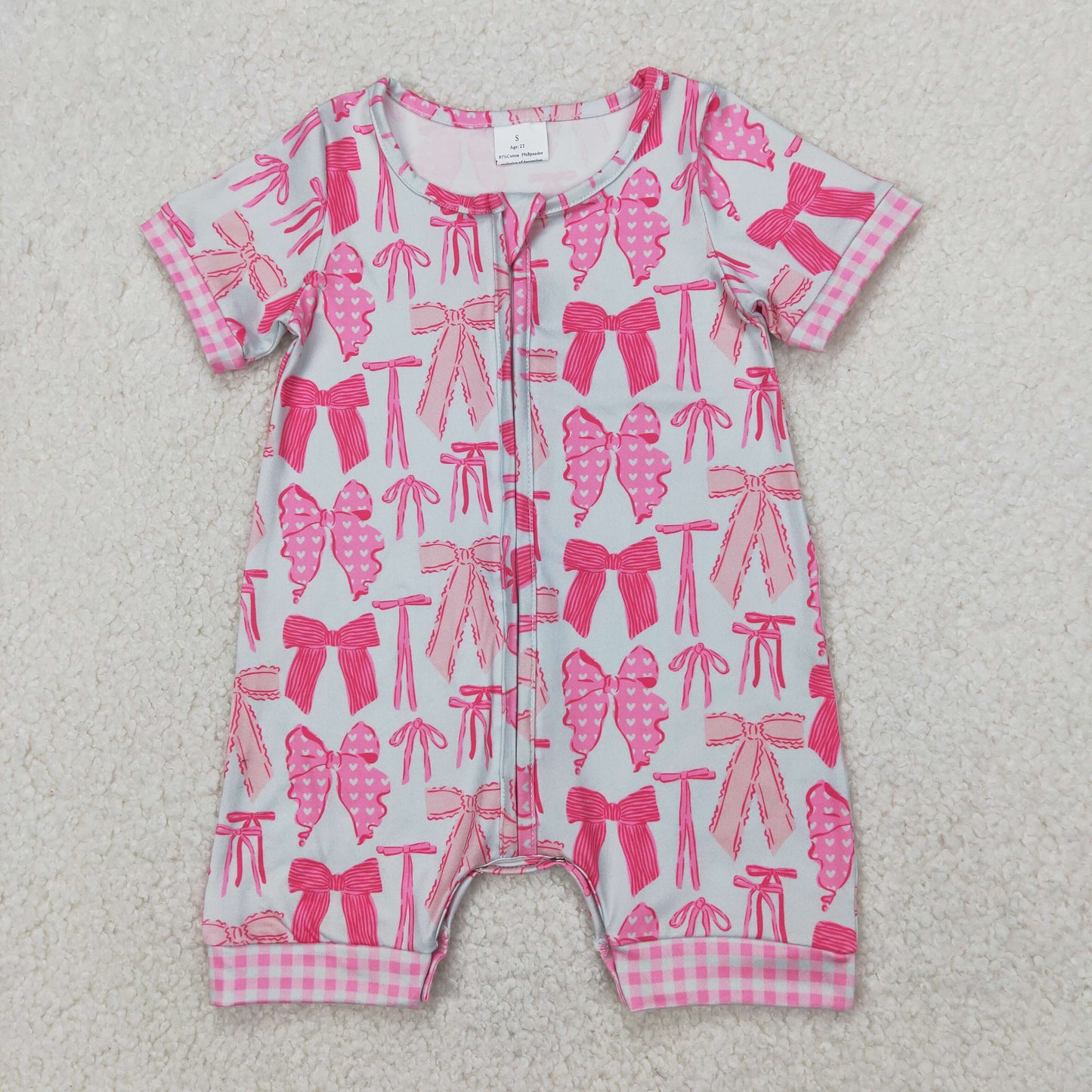 SR2771 Pink Bows Plaid Zippy Short Sleeve Romper Girls Boutique Outfits 202504 RTS