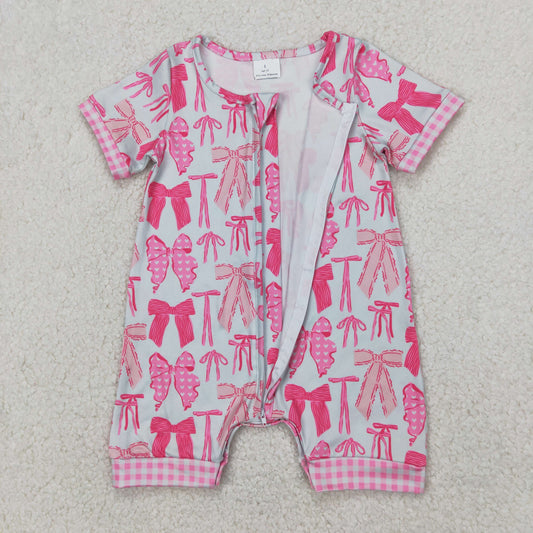 SR2771 Pink Bows Plaid Zippy Short Sleeve Romper Girls Boutique Outfits 202504 RTS