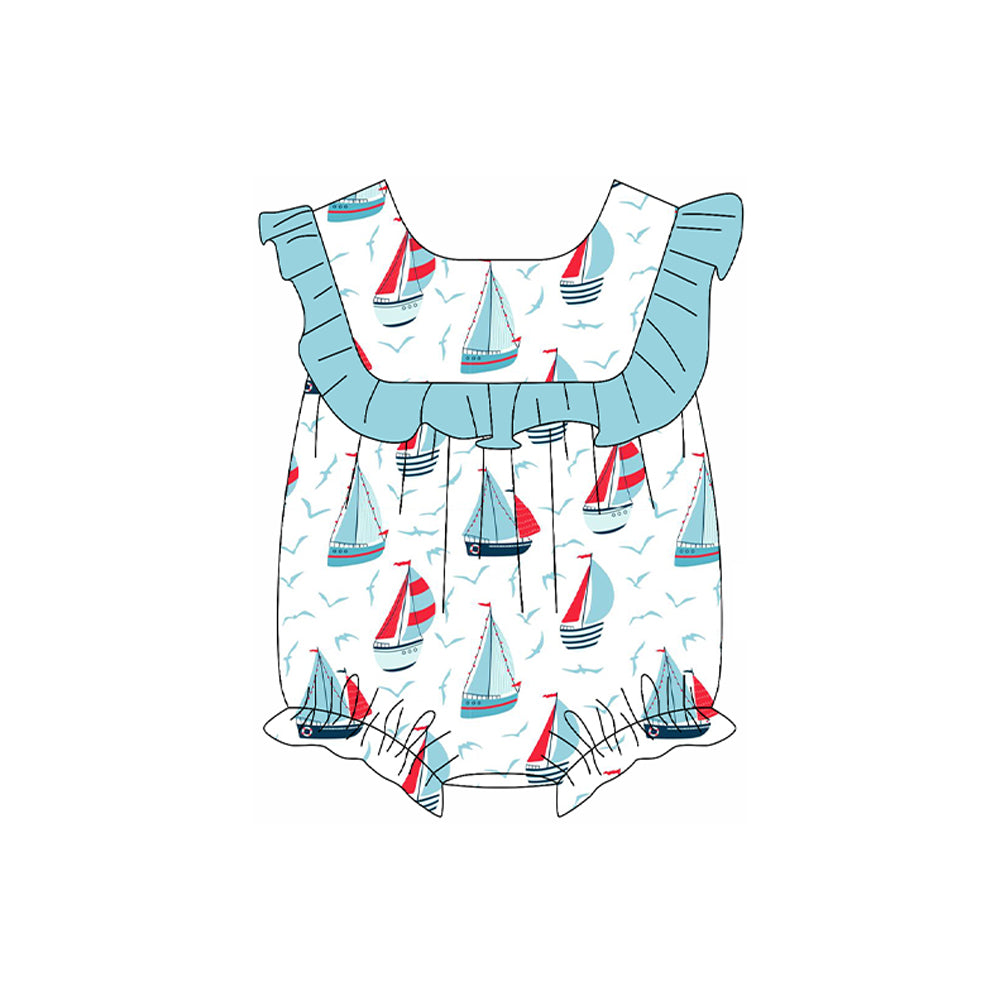 Preorder SR2773 Easter boutique Blue ruffle sailboat sleeveless romper baby girls Boutique Summer clothes 202502