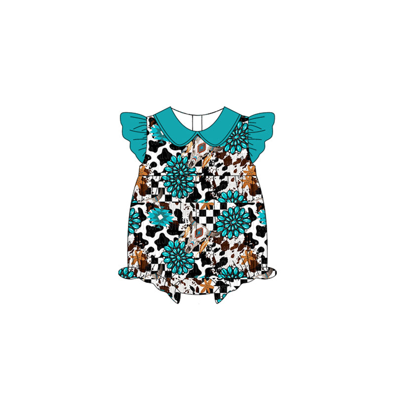 Preorder SR2774 Peacock Blue flower ruffle flying sleeve romper baby girls Boutique Summer clothes 202502