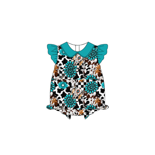 Preorder SR2774 Peacock Blue flower ruffle flying sleeve romper baby girls Boutique Summer clothes 202502
