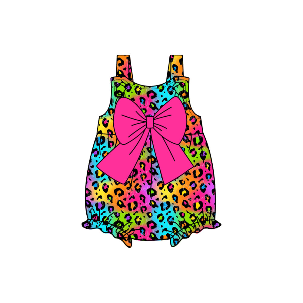 Preorder SR2775 Rose Red Leopard print Bow sleeveless romper baby girls Boutique Summer clothes 202502