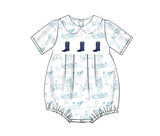 Preorder SR2781 western rodeo blue short sleeve romper baby girl Boutique Summer clothes 202502