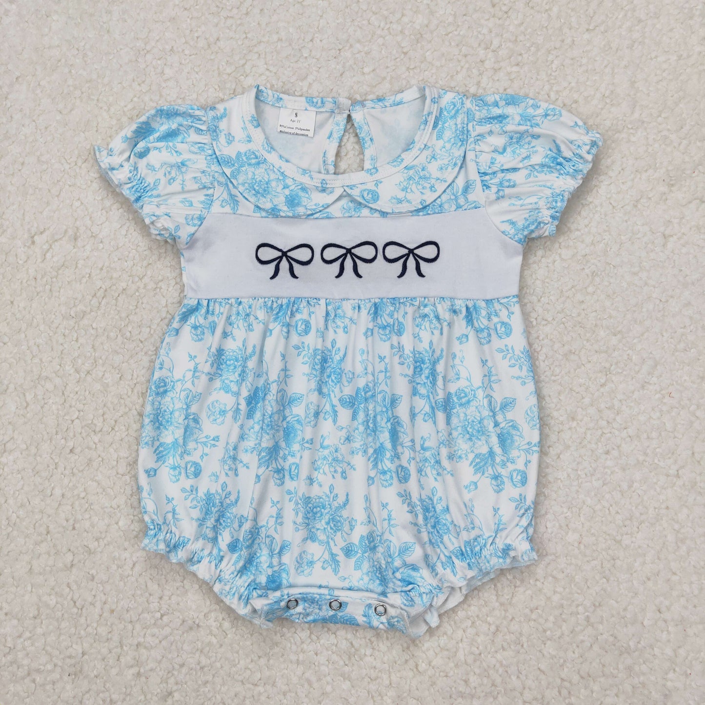 SR2784 Embroidered bows blue flower leaf short sleeve romper baby girl Boutique Summer clothes 202503 RTS
