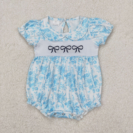 SR2784 Embroidered bows blue flower leaf short sleeve romper baby girl Boutique Summer clothes 202503 RTS
