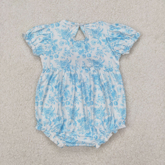 SR2784 Embroidered bows blue flower leaf short sleeve romper baby girl Boutique Summer clothes 202503 RTS