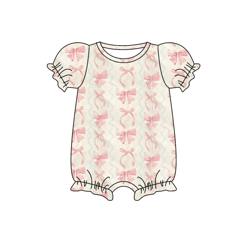 Preorder SR2786 Pink Bow short sleeve romper baby girl Boutique Summer clothes 202502